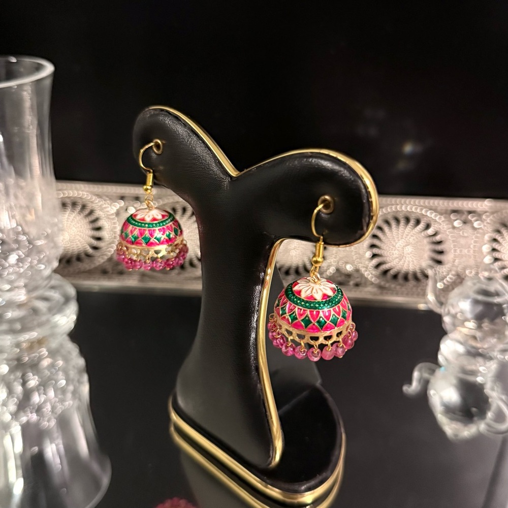 Indian Pakistani Multicolor Meenakari Jhumka Earrings - Picture 2 of 2